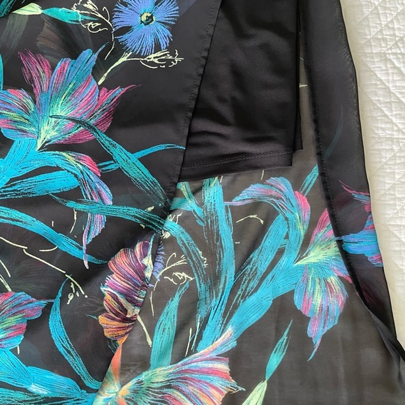 Vibrant Teal & Pink Floral Print Connected Apparel Sheer Overlay Dress Size 6 - Picture 2 of 5